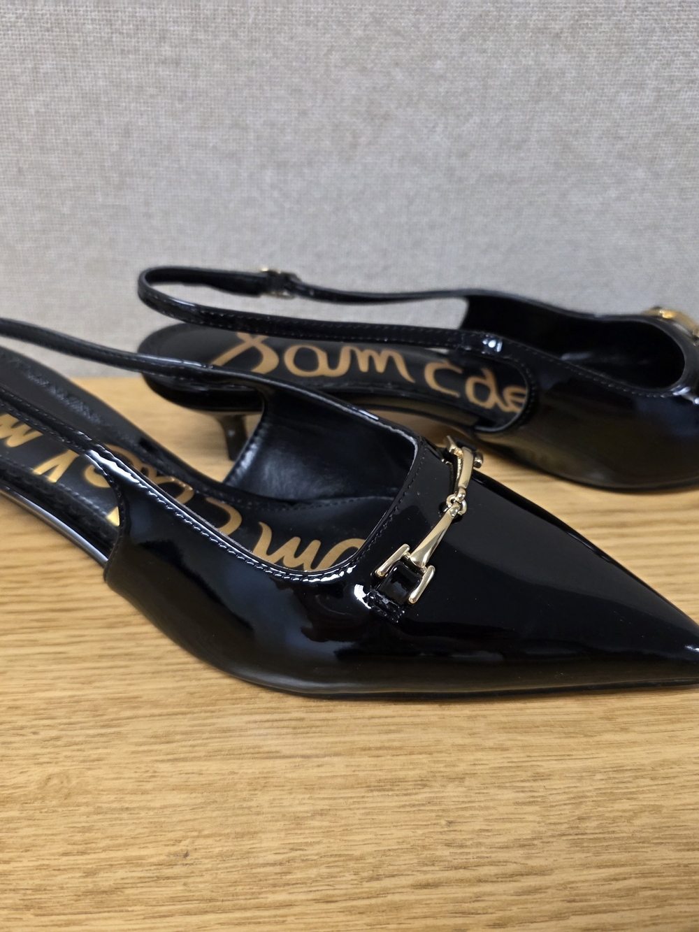 Sam Edelman Black Patent Pointed Toe Slingback Kitten Heels with Gold Accent - Picture 2 of 4